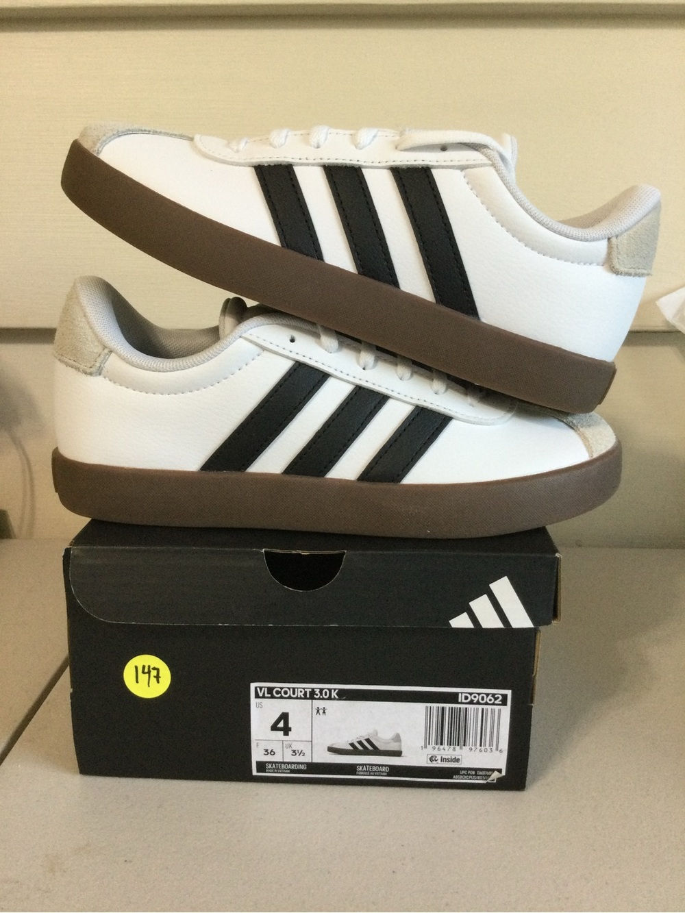 adidas White and Black Low-Top Sneakers with Brown Gum Sole